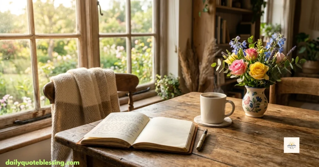Beautiful good morning blessings with coffee, flowers, and warm morning sunlight