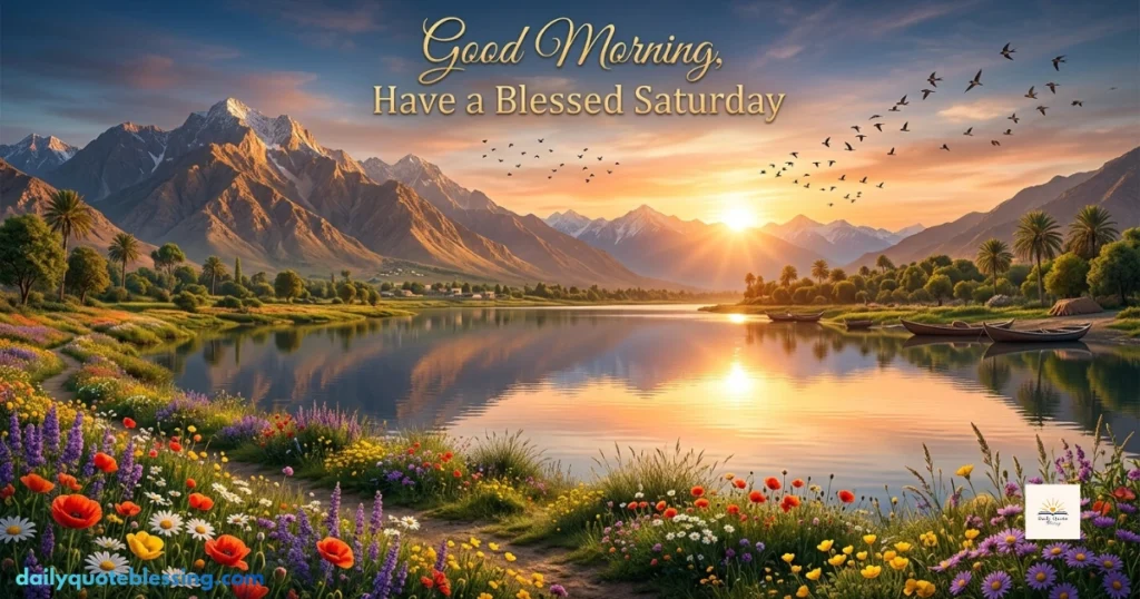 Beautiful Good Morning Saturday image with mountain sunrise, lake, flowers, and inspiring weekend blessings