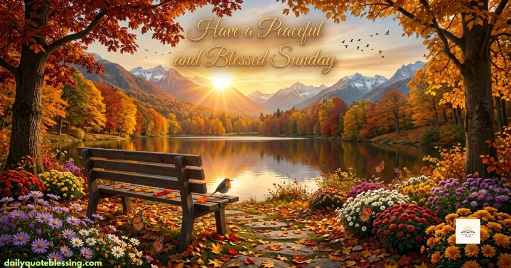 Beautiful Happy Sunday image with mountain lake, sunrise, flowers, and inspiring Sunday blessings