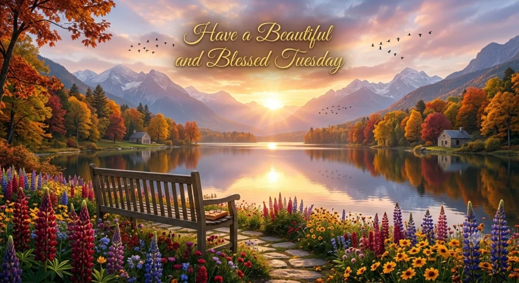 Beautiful Happy Tuesday image with mountain sunrise, lake, flowers, and inspiring Tuesday blessings