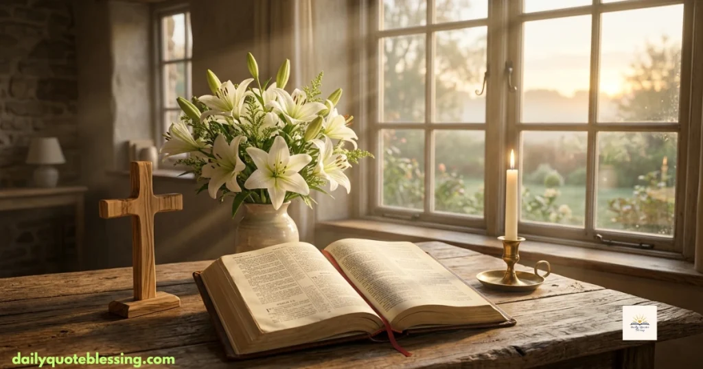 Bible-inspired good morning blessings with an open Bible, wooden cross, candle, and golden morning light
