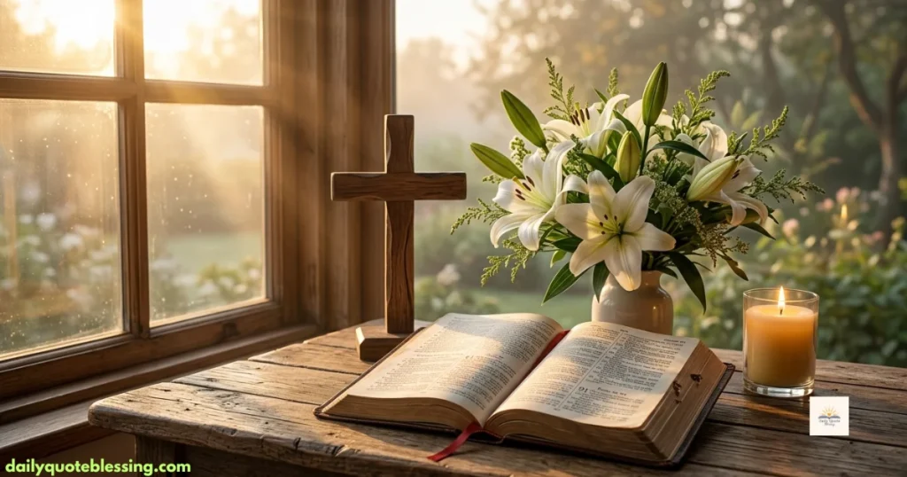 Bible-inspired Happy Wednesday blessings with an open Bible, cross, and candle