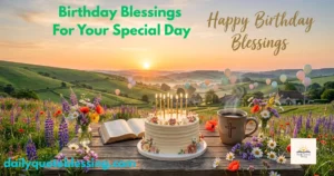 Birthday blessings wishes image with birthday cake flowers and heartfelt celebration message