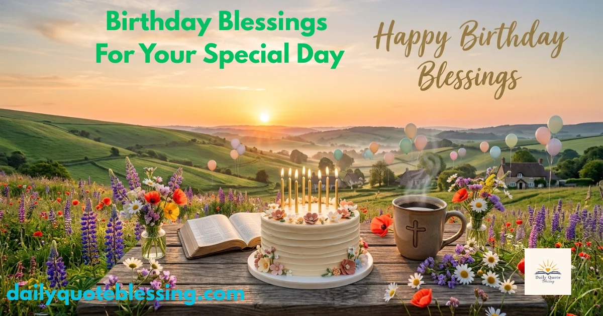 Birthday blessings wishes image with birthday cake flowers and heartfelt celebration message
