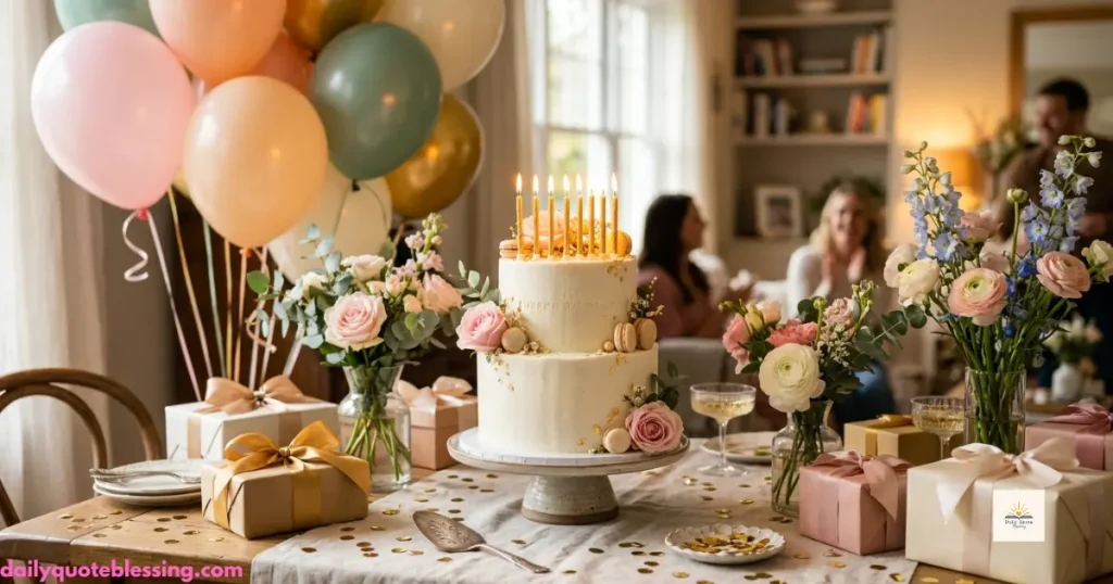 Beautiful birthday blessings wishes with cake, balloons, and gifts