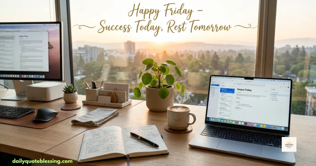 Friday blessings for work and success with modern office workspace and morning sunlight