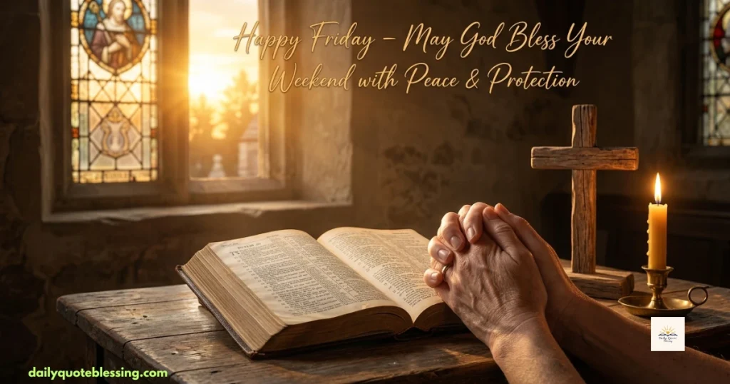 Friday prayers for peace and protection image with open Bible, cross, candle, and sunrise
