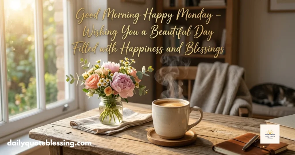 Good morning Happy Monday coffee image with blessings and warm morning sunshine