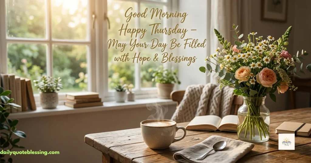 Good morning Happy Thursday coffee and blessings image with fresh flowers
