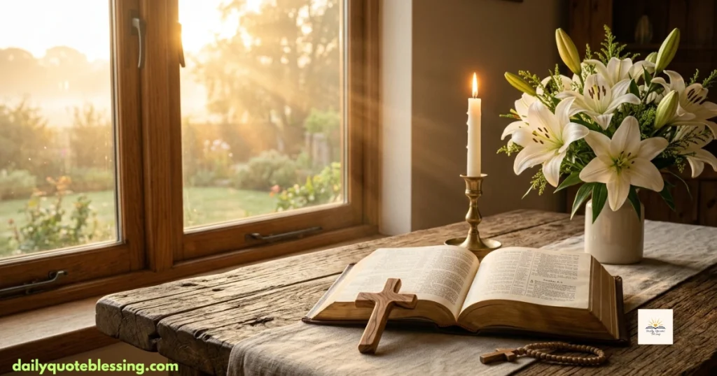 Good morning prayers with an open Bible, wooden cross, candle, and peaceful sunrise