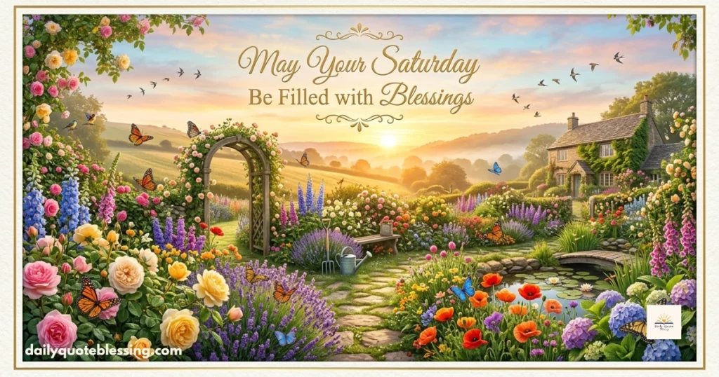 Good Morning Saturday blessings image with colorful flowers, sunrise, and uplifting weekend wishes