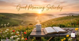 Good Morning Saturday featured image with sunrise, coffee, open Bible, and beautiful weekend blessings