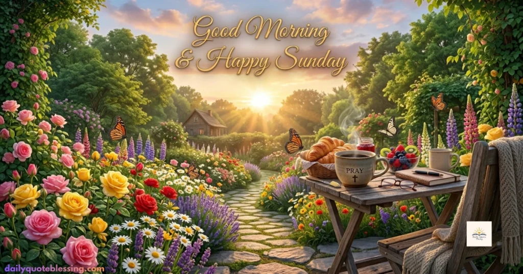 Good Morning Happy Sunday wishes image with coffee, breakfast table, flowers, and relaxing weekend atmosphere