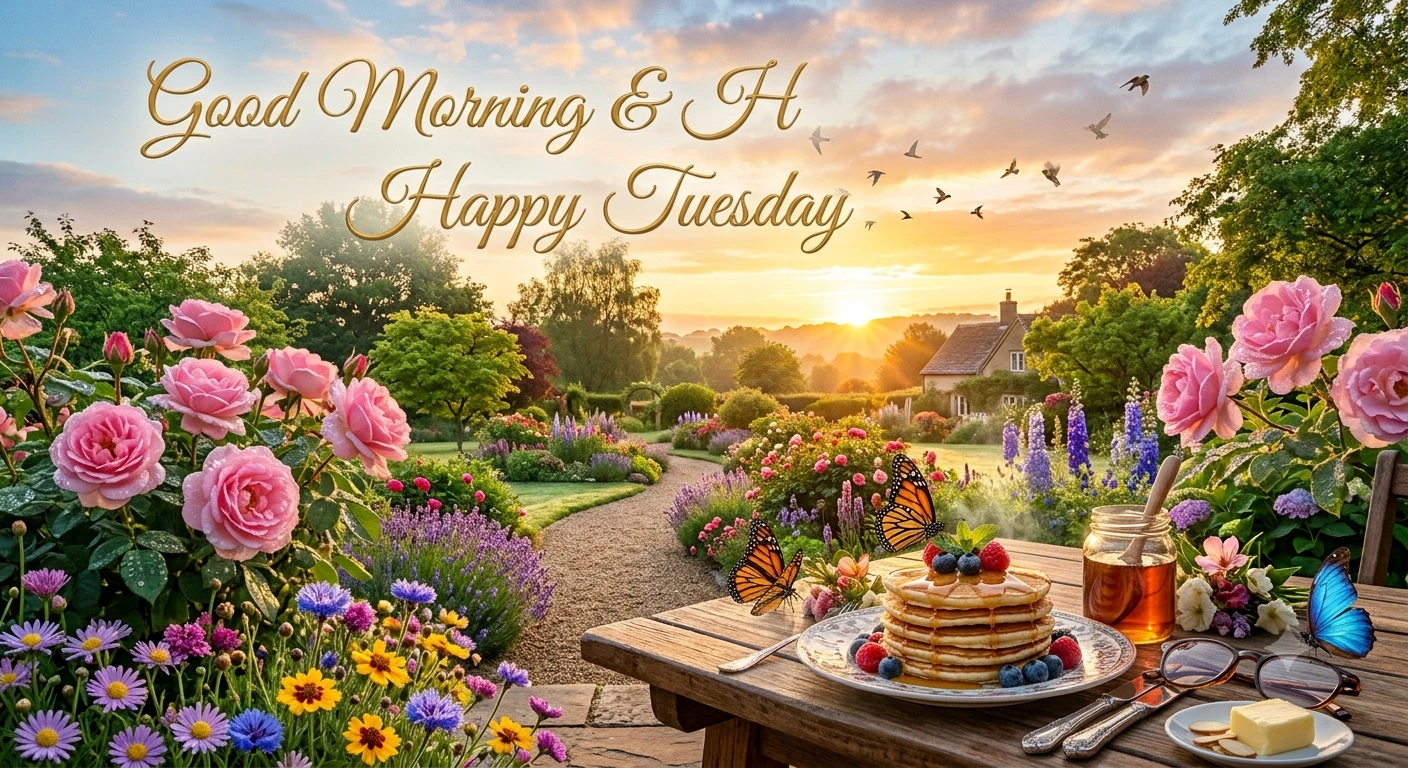 Good Morning Happy Tuesday wishes image with cozy breakfast, coffee, flowers, and peaceful morning atmosphere