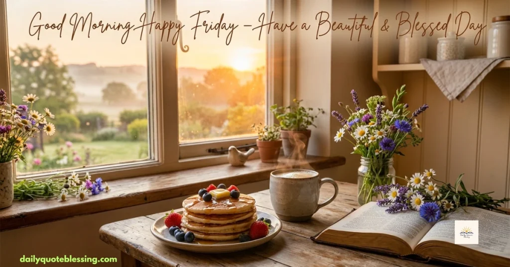 Good morning Weekend Friday blessings image with coffee, breakfast, Bible,