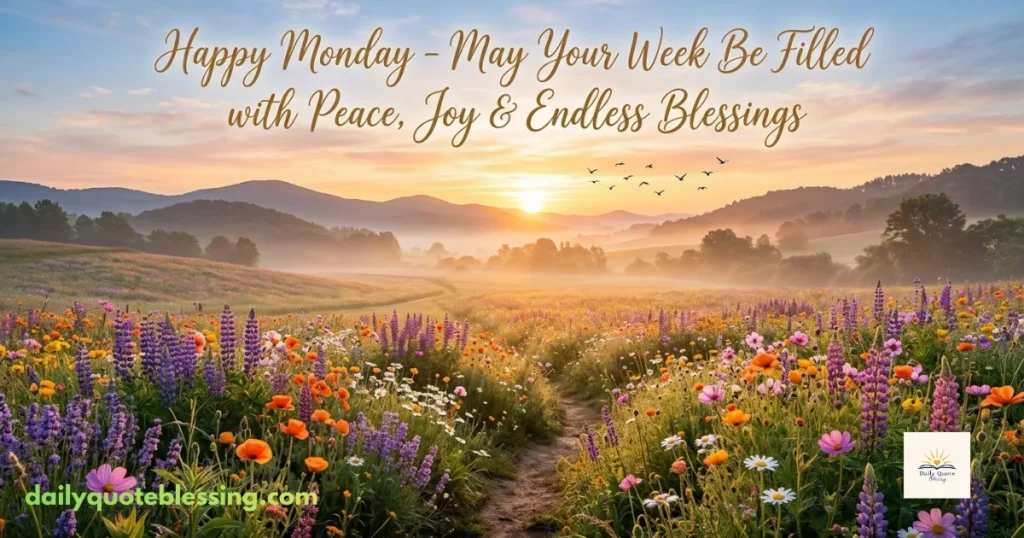 Happy Monday blessings sunrise image with beautiful flowers and a positive new week message