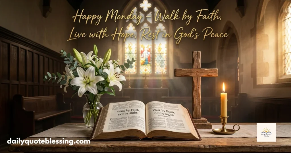 Happy Monday new week blessings image with inspirational quote, sunrise, and hope for the week ahead