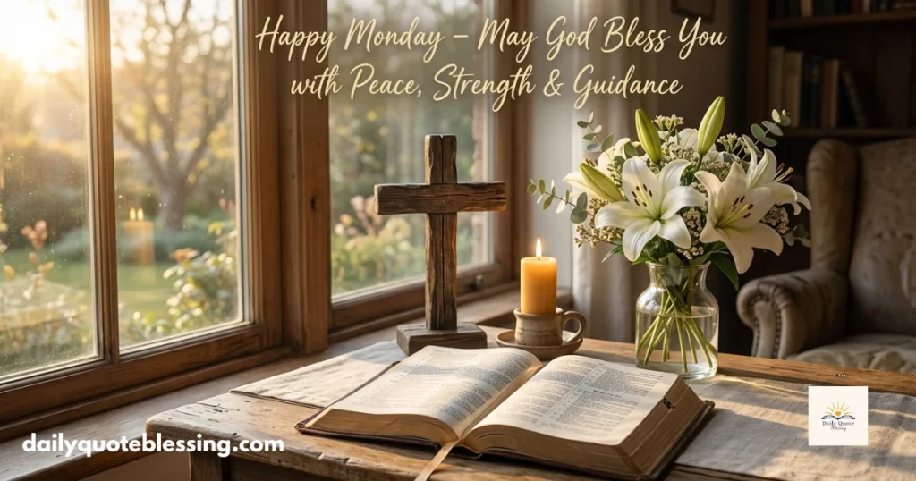 Happy Monday prayer image with an open Bible, cross, and peaceful morning blessings