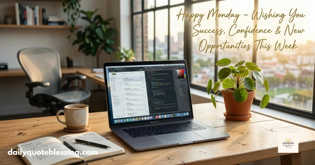 Happy Monday work motivation image with laptop, coffee, and success blessings