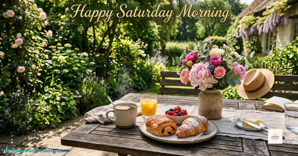 Happy Saturday morning wishes image with cozy breakfast, coffee, flowers, and peaceful weekend vibes