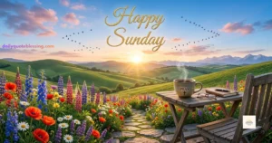 Happy Sunday featured image with sunrise, coffee, flowers, and peaceful morning blessings