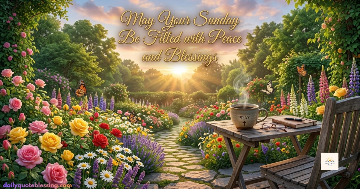Happy Sunday morning blessings image with colorful flowers, sunrise, and inspirational Sunday wishes