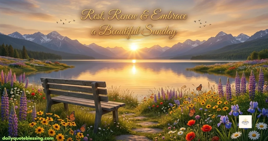 Happy Sunday blessings image with peaceful lake, sunrise, mountains, and relaxing nature landscape
