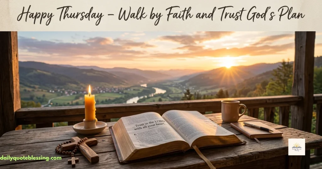 Happy Thursday Bible blessings image with open Bible, cross and sunrise