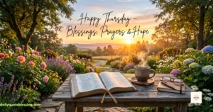 Happy Thursday featured image with sunrise, Bible, coffee and inspiring blessings