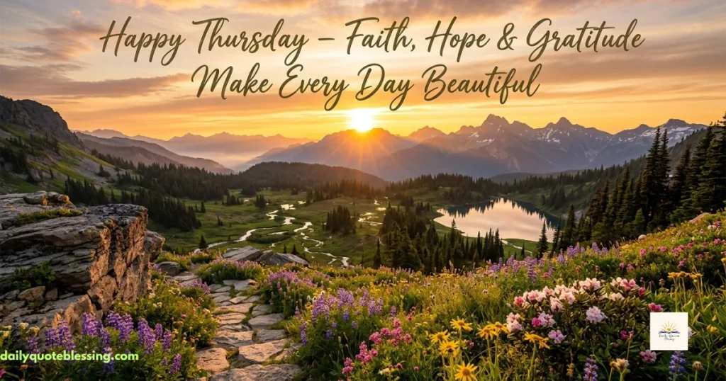 Inspirational Happy Thursday blessings image with sunrise and nature path
