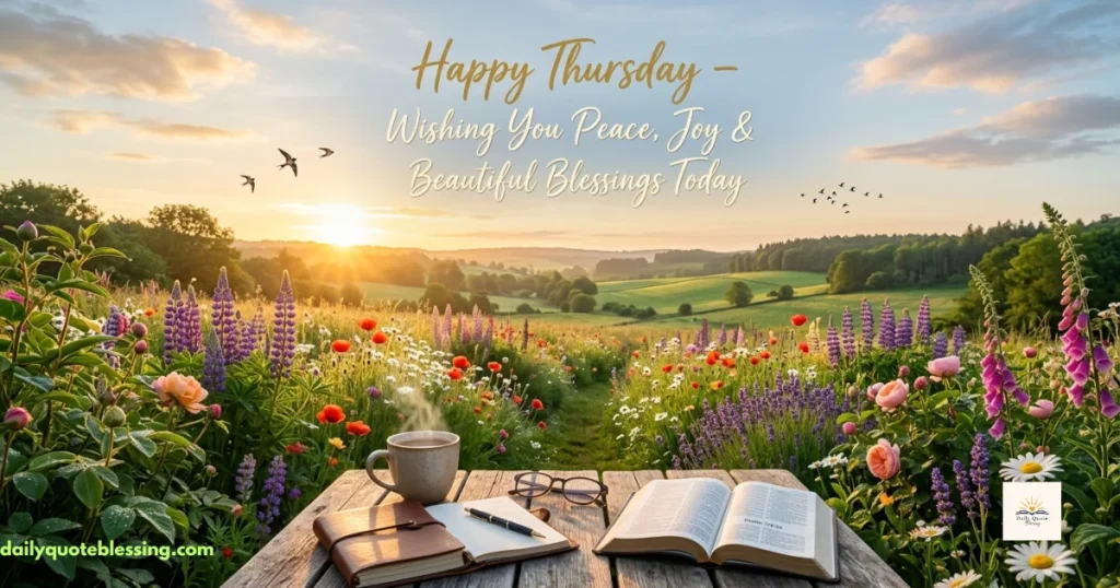 Happy Thursday morning blessings image with sunrise and peaceful flowers