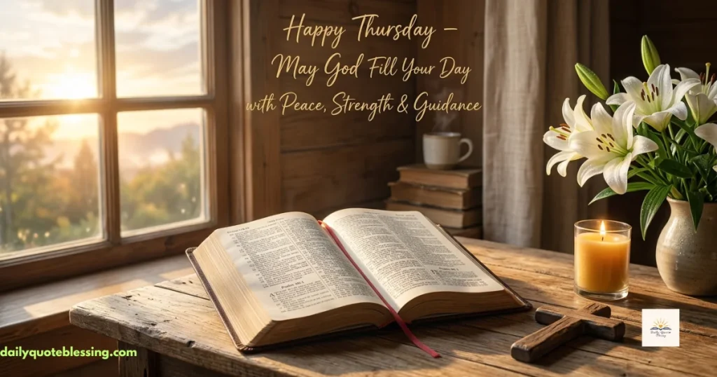Happy Thursday prayer image with Bible, cross, candle and morning light
