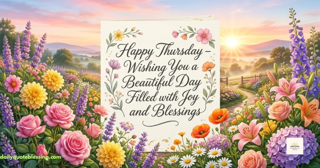 Happy Thursday greeting image with colorful flowers and joyful morning message