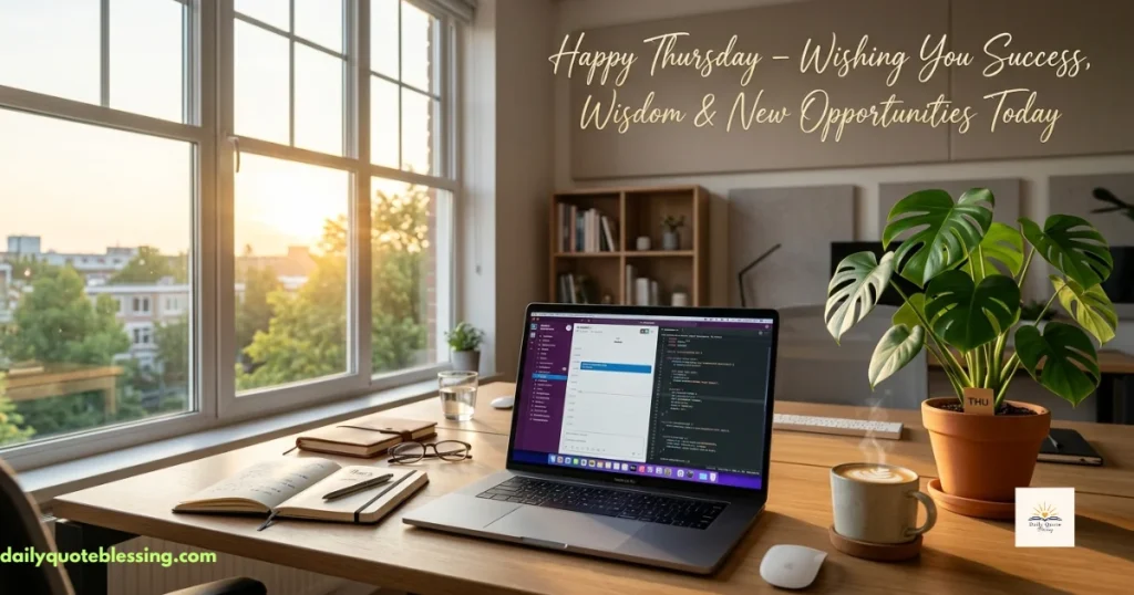 Happy Thursday work success blessings image with modern office workspace