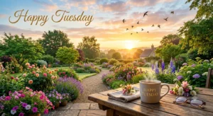 Happy Tuesday featured image with sunrise, coffee, flowers, and beautiful morning blessings
