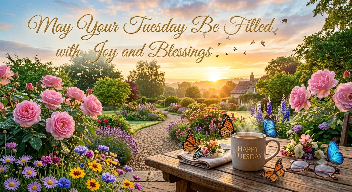 Happy Tuesday morning blessings image with colorful flowers, sunrise, and inspirational wishes
