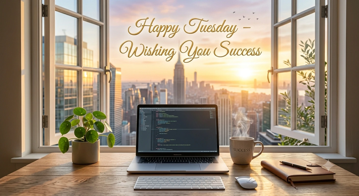 Happy Tuesday work and success image with office desk, laptop, coffee, and motivational workspace
