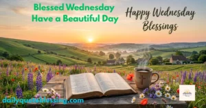 Happy Wednesday blessings image with sunrise, flowers, Bible and inspiring midweek message