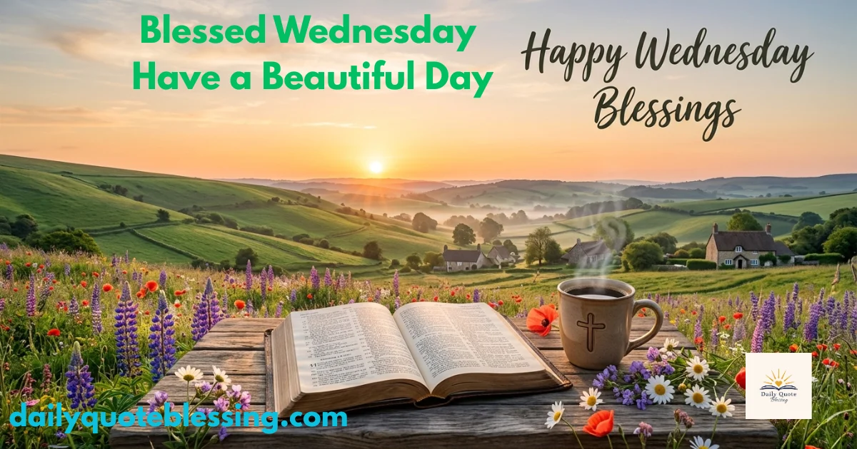 Happy Wednesday blessings image with sunrise, flowers, Bible and inspiring midweek message