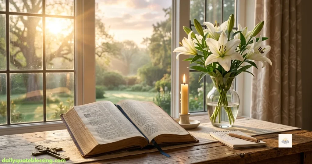 Happy Wednesday prayers with an open Bible, candle, and peaceful morning light