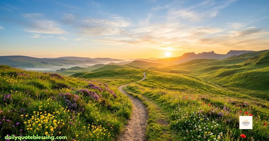 Inspirational good morning blessings with a sunrise, green hills, and a peaceful nature path