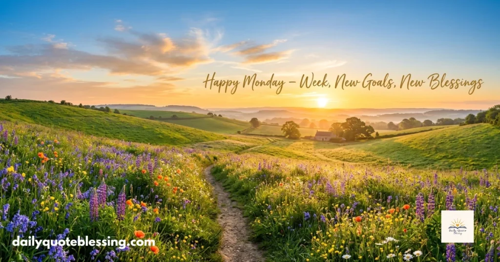 Inspirational Happy Monday image with sunrise and motivational blessings for a positive new week