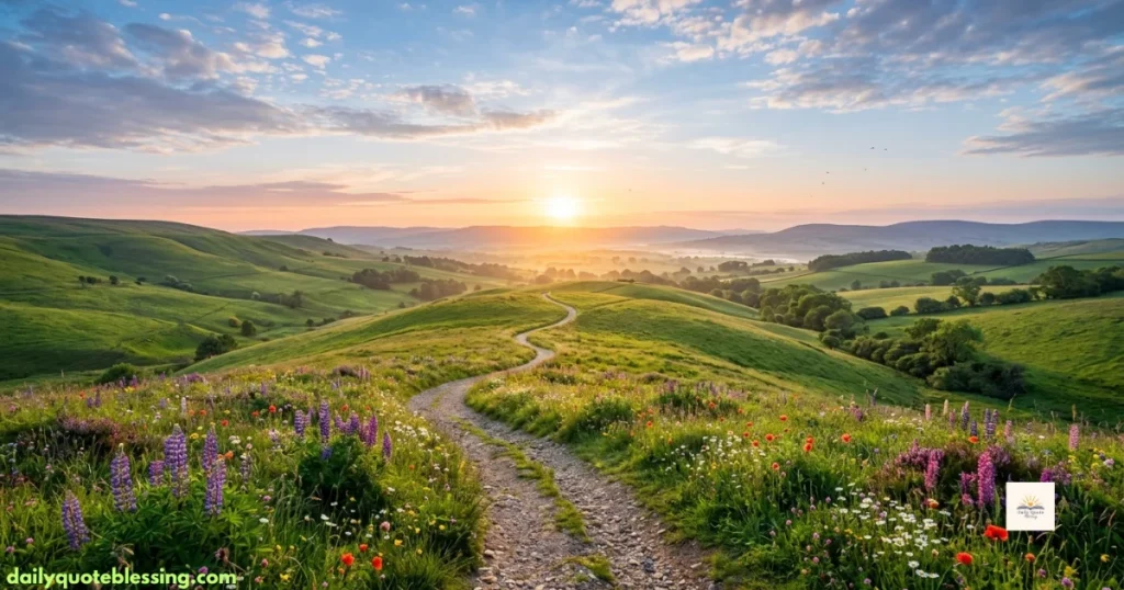 Inspirational Happy Wednesday blessings with a scenic sunrise and nature path