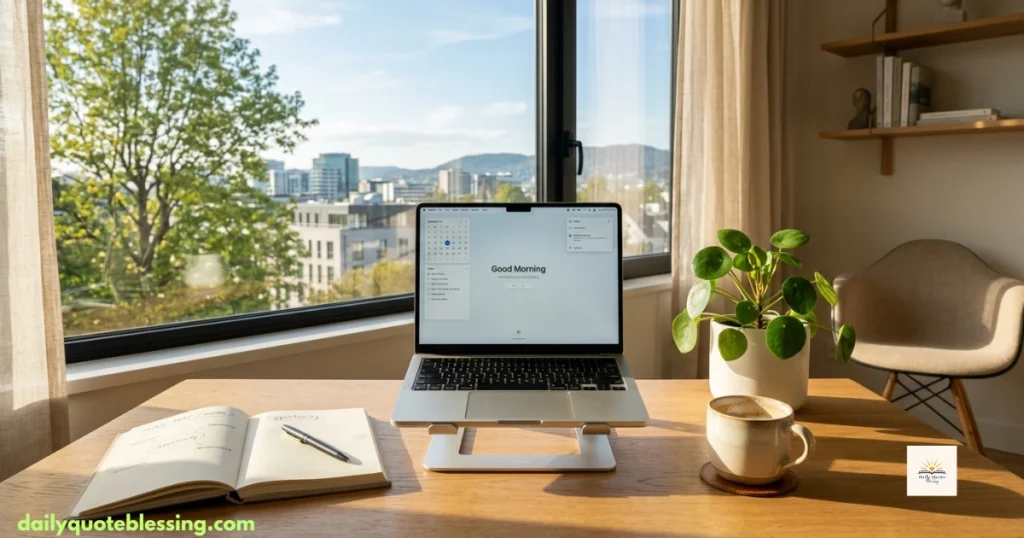 Morning blessings for work and success with a laptop, coffee, and peaceful workspace