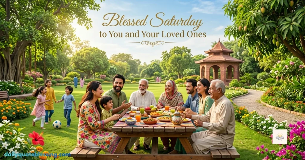 Saturday blessings for family and friends with joyful gathering, sunshine, and beautiful park scenery