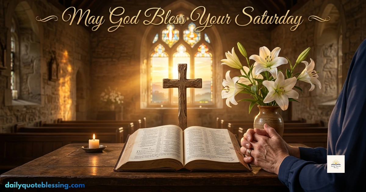Saturday morning prayer image with open Bible, cross, sunrise, and peaceful Christian inspiration