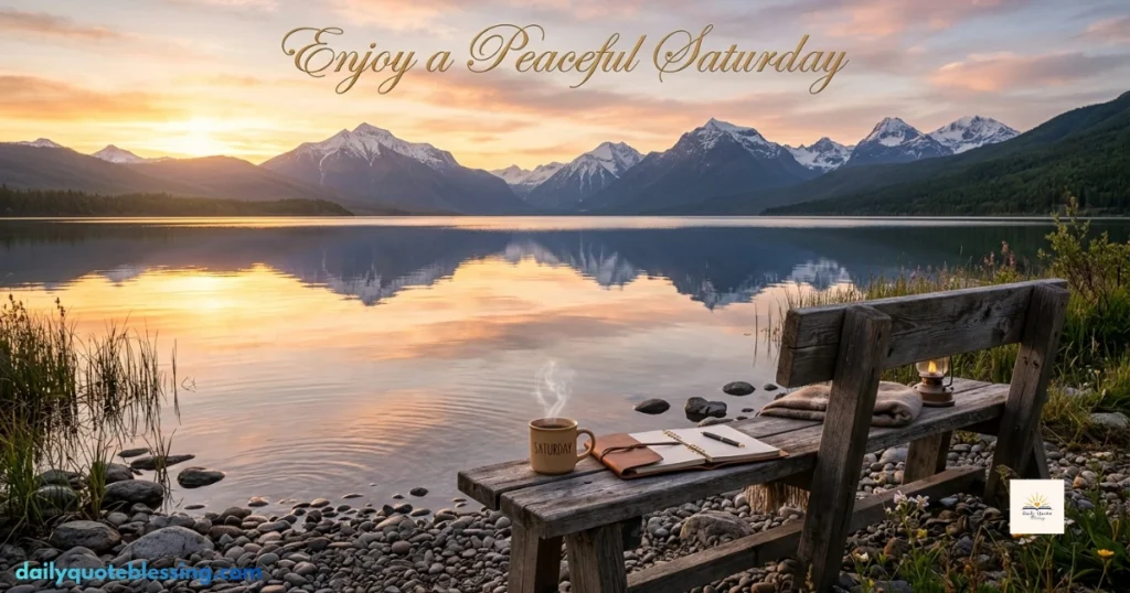 Saturday blessings image with peaceful lake, sunrise, coffee, and inspiration for success and relaxation