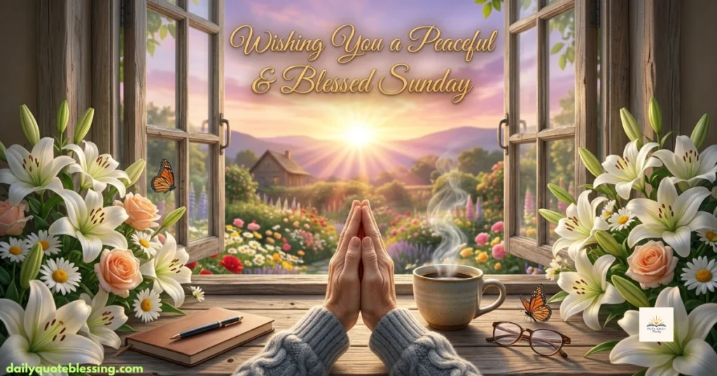 Sunday morning prayer image with folded hands, sunrise, coffee, and peaceful Sunday inspiration
