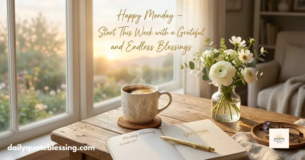 Thankful Happy Monday gratitude image with coffee, journal, and morning blessings