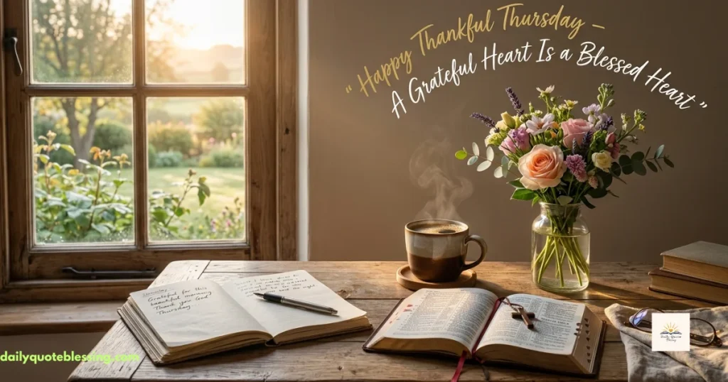 Thankful Happy Thursday blessings image with Bible, journal and coffee